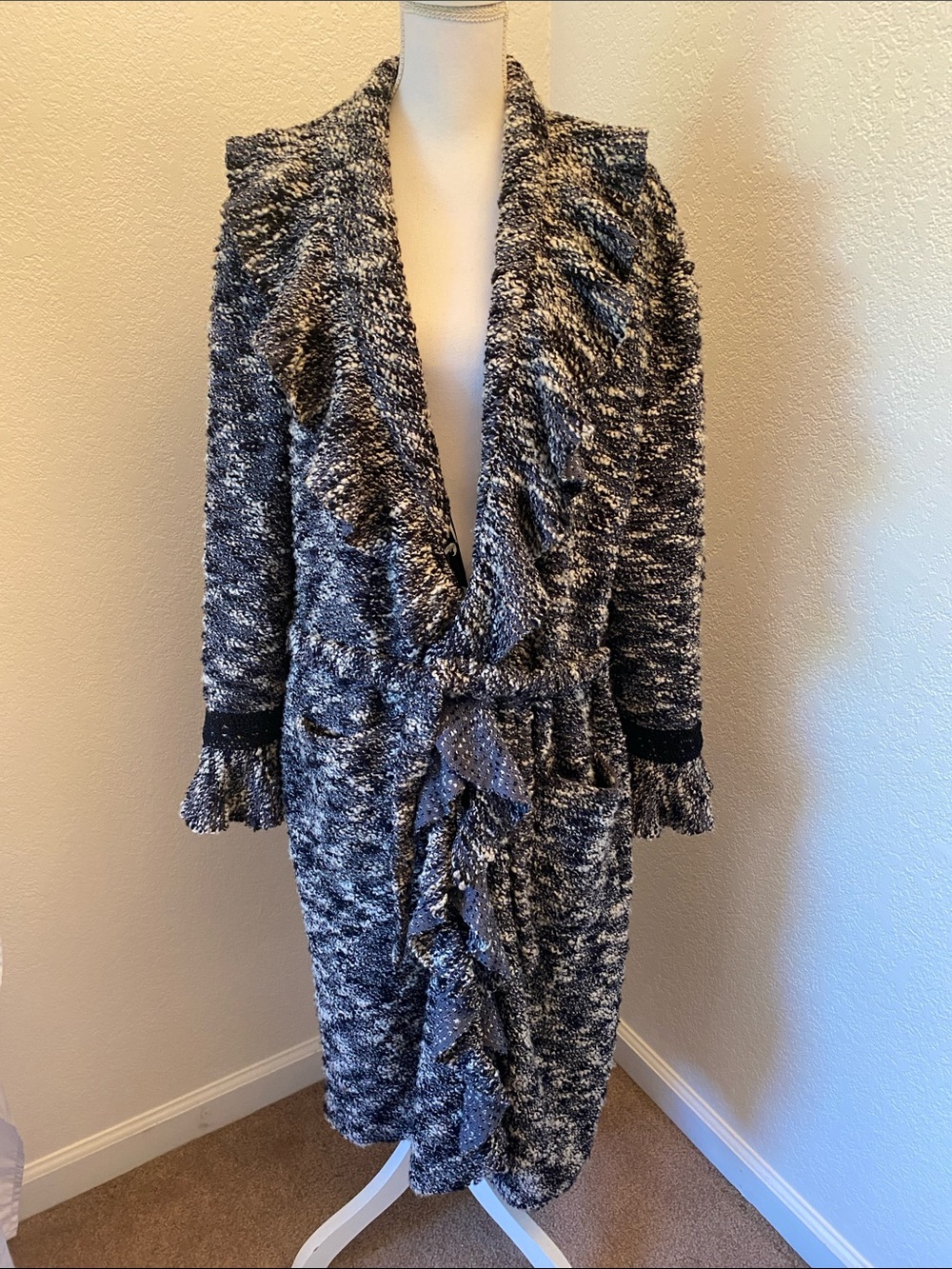 St. John Couture Long Heavy Knit Fully Lined Ruffle Trim Cardigan Jacket Duster
